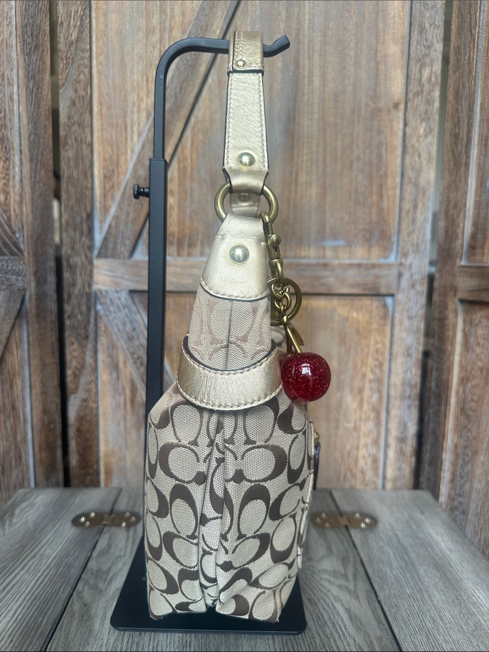 Coach Signature C Penelope Jacquard Logo Gold Leather Trim & Coach Cherry Charm - Picture 3 of 16